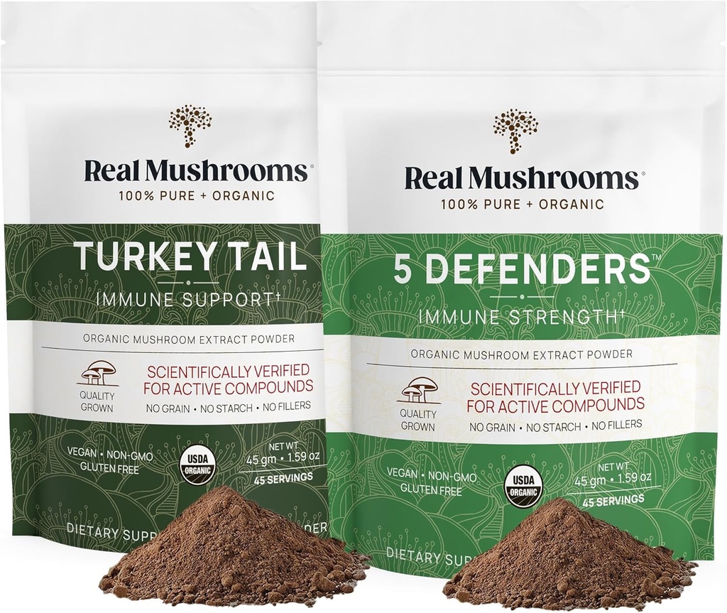 Real Mushrooms Turkey Tail (45g) and 5 Defenders (45g) Mushroom Extract Powder Bundle - Mushroom Supplement for Immune Strength - Vegan, Non-GMO Immunity Supplement