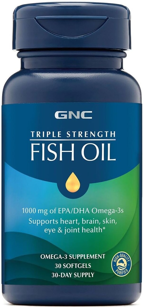 GNC Triple Strength Fish Oil Omega 3 Supplement, 1000mg EPA and DHA, Supports Heart, Brain, Skin, Eye and Joint Health, 30 Softgels