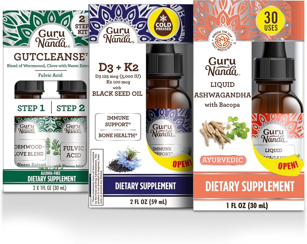GuruNanda Total Wellness Boost with Liquid Ashwagandha, Black Seed Oil & GutCleanse - Helps with Immunity and Mind Care