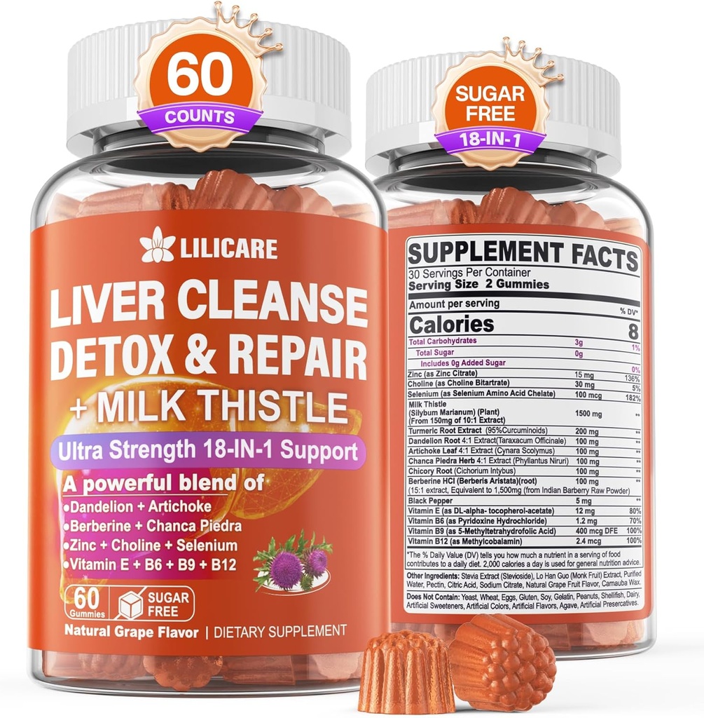 1Pack Milk Thistle Liver Detox Gummies, 18-in-1 Liver Cleanse Detox & Repair Supplement with Berberine, Chicory Root, Turmeric, Artichoke, Dandelion Root, Chanca Piedra, Vitamins B6 B12 - Sugar Free