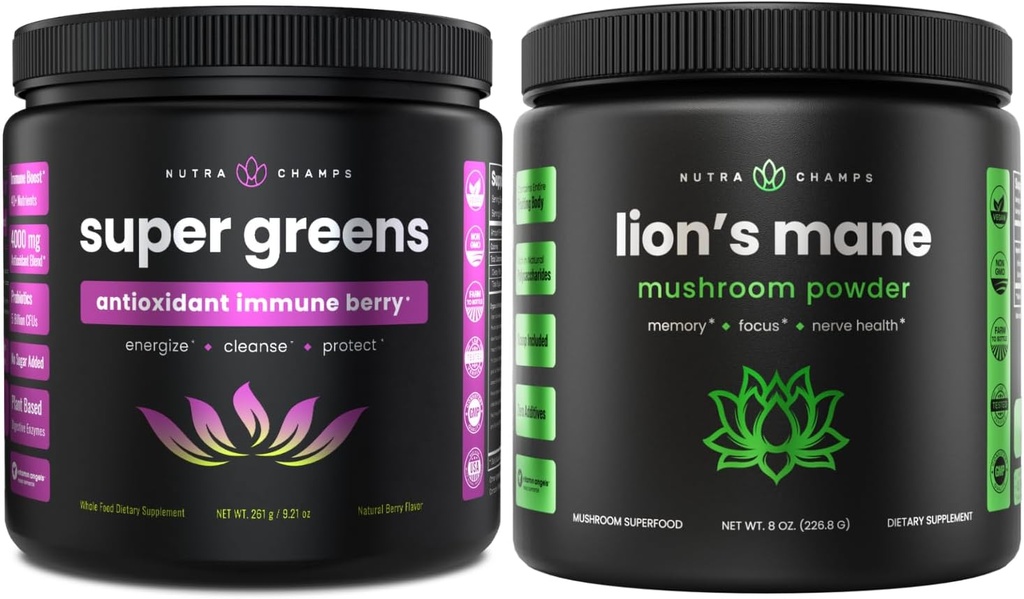 NutraChamps Super Greens Antioxidant & Lion's Mane Powder. Digestive, Immunity & Adaptogen Support