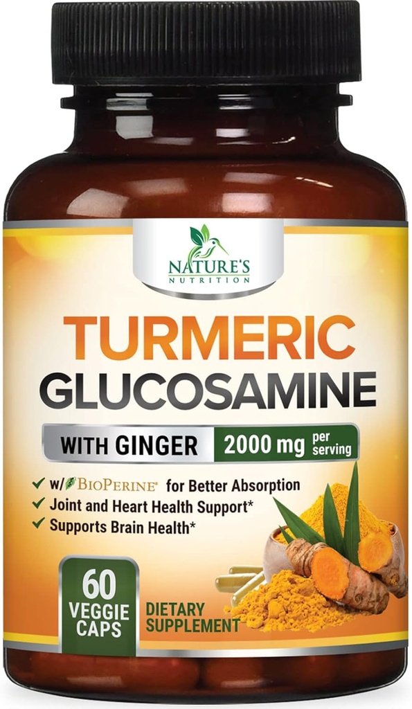 Turmeric Curcumin Supplement 2000mg - 95% Curcuminoids with Glucosamine, Ginger & MSM, BioPerine Black Pepper for Best Absorption, Nature's Vegan Joint Support, Non-GMO, Bottled in USA - 60 Capsules