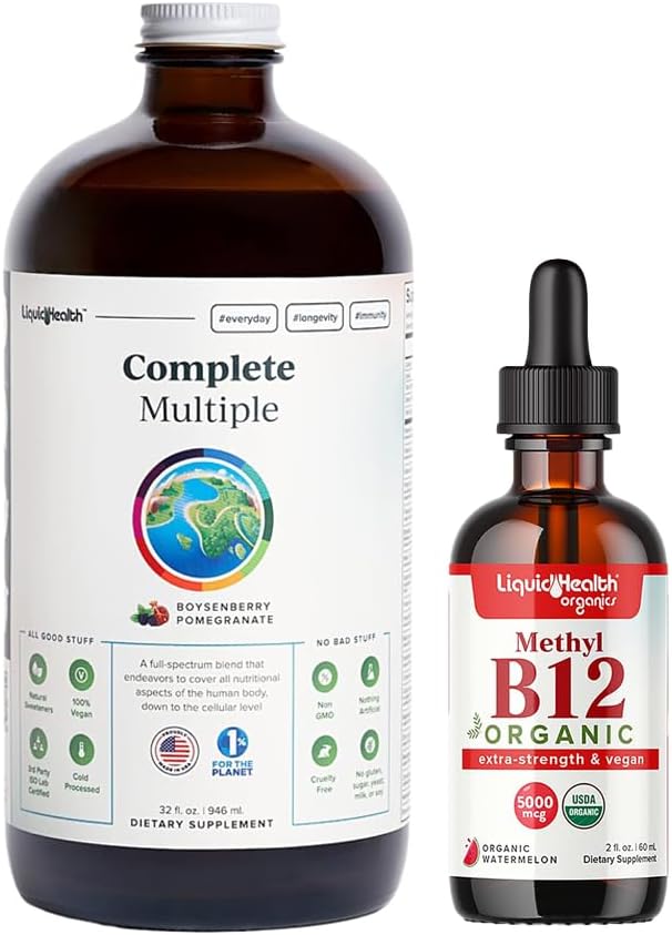 LIQUIDHEALTH Complete Multiple Daily Multivitamin & Organic Methyl B12 5000mcg Vitamin Drops with Tart Cherry Juice for Immune Support, Natural Energy Boost, Improved Memory & Focus, Overall Health