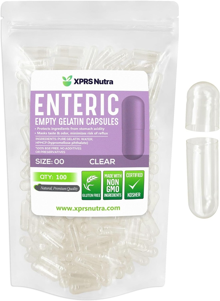 XPRS Nutra Size 00 Empty Capsules - 100 Count Clear Enteric Coated Empty Gelatin Capsules - Delayed Release Pills - DIY Capsule Filling - Pure Bovine Empty Enteric Gel Caps