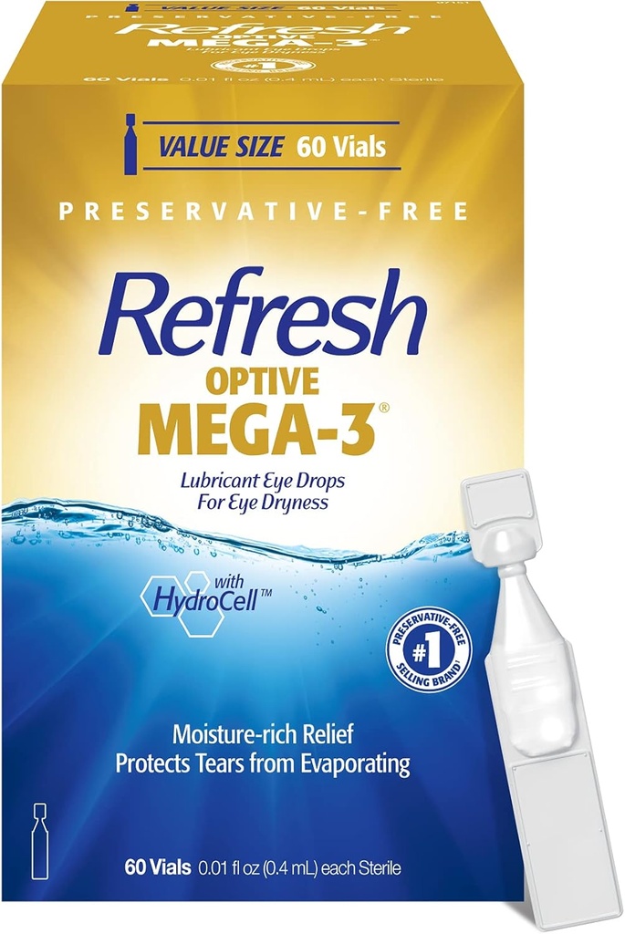 Refresh Optive MEGA-3 Lubricant Eye Drops Preservative-Free Artificial Tears, 0.01 fl oz (0.4 mL), 60 Single-Use Containers
