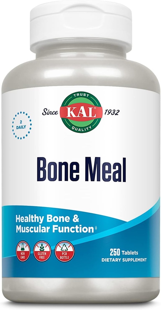 KAL Bone Meal Tablets, Calcium Supplement w/Magnesium, Vitamin D3 and K, Bone Health, Muscle and Nerve Function Support, Rapid Disintegration, Gluten Free, Non-GMO, 60-Day Guarantee, 125 Serv, 250ct
