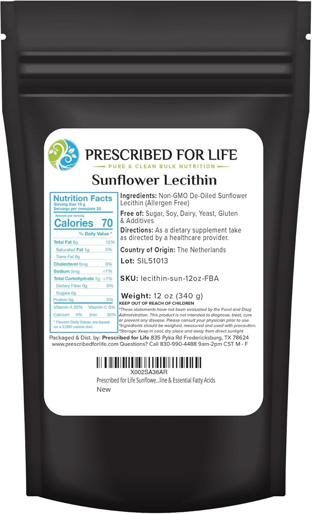 Prescribed For Life Sunflower Lecithin Powder, Unbleached, Gluten Free, Vegan, Non GMO, Soy Free, Kosher, Naturally Rich in Choline & Essential Fatty Acids (12oz / 340g)