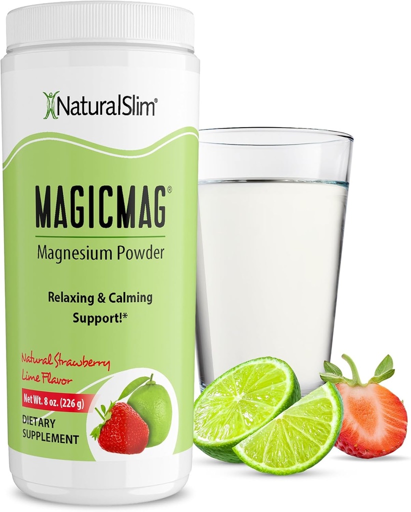 NaturalSlim Magicmag Pure Magnesium Citrate Powder – Stress, Constipation, Muscle, Heart Health, and Sleep Support | Natural Strawberry & Lime Flavored Magnesium Supplement - 8oz Drink Mix (Solo)