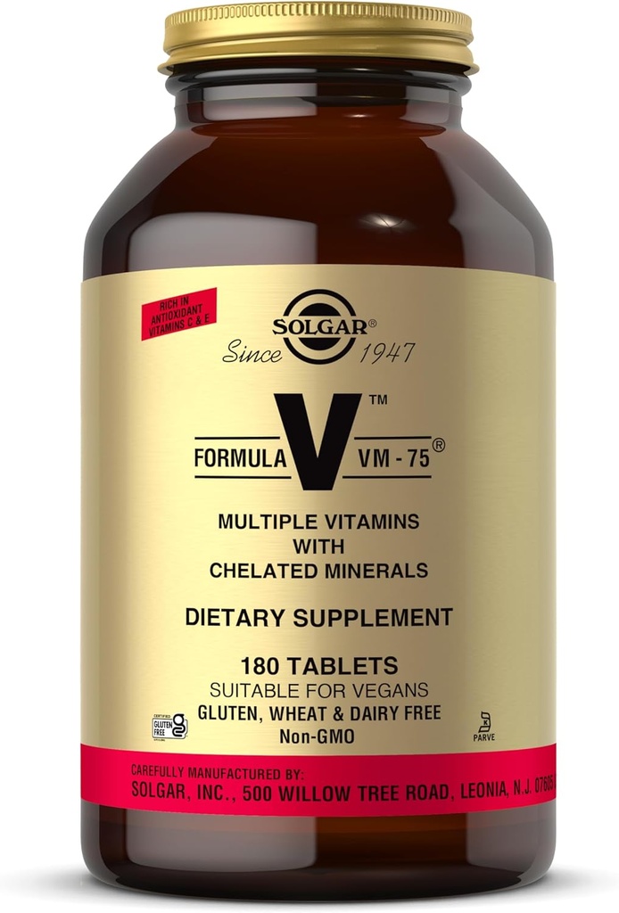Solgar Formula VM-75, 180 Tablets - Multivitamin with Chelated Minerals - Vitamin A, B6, B12, C, D, E - Biotin, Magnesium, Calcium, Iron, Zinc - Vegan, Gluten Free, Dairy Free, Kosher - 180 Servings