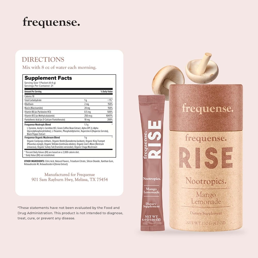 Frequense - Rise Nootropic Sticks - Mango Lemonade Flavor - Supports Brain Performance & Clarity - With Mushrooms, B Vitamins & Green Coffee - 132g