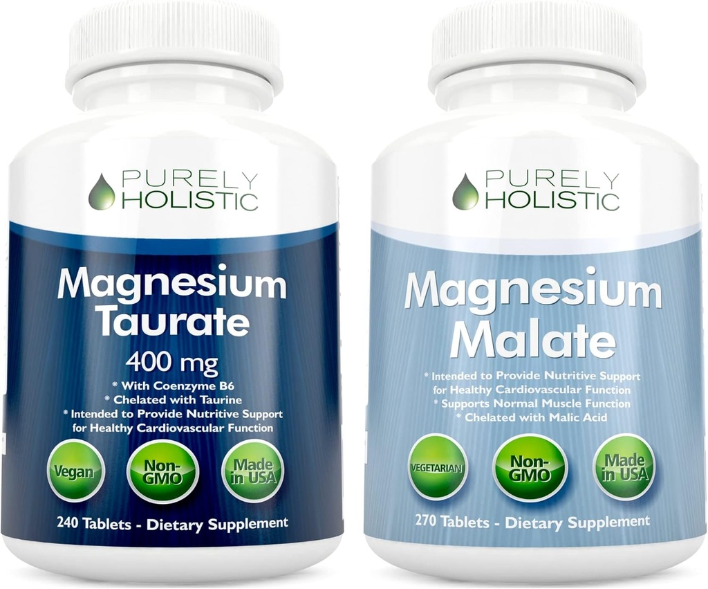 Magnesium Taurate 400mg + Magnesium Malate 400mg - Highly Bioavailable - High Absorption Bundle - 270 + 270 Vegetarian Tablets