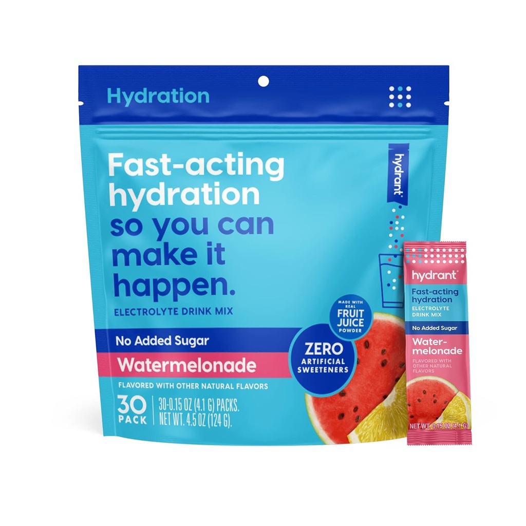 Hydrant - Hydration Powder, Watermelonade Flavor, 30 Individual Sugar-Free Instant Electrolyte Rehydration Packets - Zero Sugar Drink Mix for Daily Use, Travel & Workouts