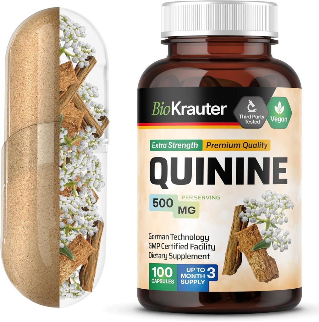 BIO KRAUTER Quinine for Leg Cramps Capsules 500 mg - 100 Count - Cinchona Bark Powder - Quinine Capsules - Vegan, No Fillers