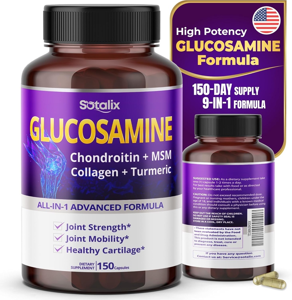 Sotalix Glucosamine 650mg – All-in-1 Joint Support with Chondroitin, MSM, Collagen, Turmeric, Vitamin D3 & Hyaluronic Acid – 150 Capsules – Shellfish-Free – Made in USA
