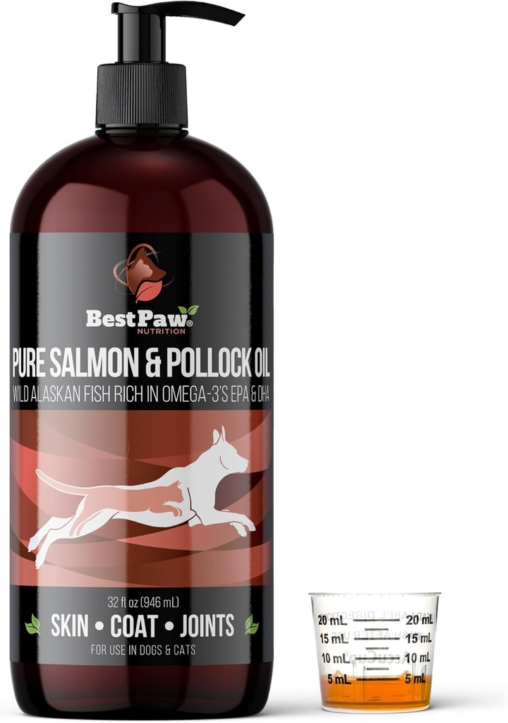 Pure Wild Alaskan Salmon Oil for Dogs & Cats Skin and Coat - Fish Oil Liquid with Pump - Supports Joint Function, Immune & Heart Health - Omega 3 Liquid Food Supplement - All Natural EPA + DHA - 32oz