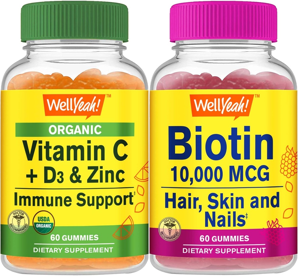 WellYeah Organic Vitamin C + D3 + Zinc + High Potency Biotin, Gummies Bundle - Great Tasting, Vitamin Supplement, Gluten Free, GMO Free, Chewable Gummy