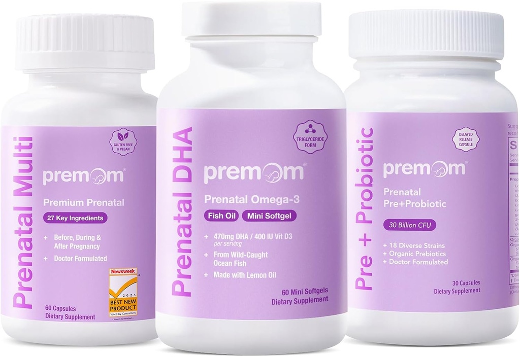 Premom Prenatal Probiotics + Prenatal DHA Fish Oil + Prenatal Formula Vitamin