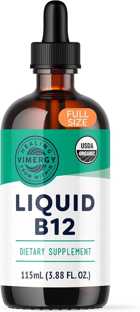 Vimergy Organic Liquid Vitamin B12 Supplement 2500 mcg, Methylcobalamin & Adenosylcobalamin Fast-Absorbing Energy Support USDA Organic, Vegan, Non-GMO B12 Vitamins for Women & Men 115 Serving (115 mL)