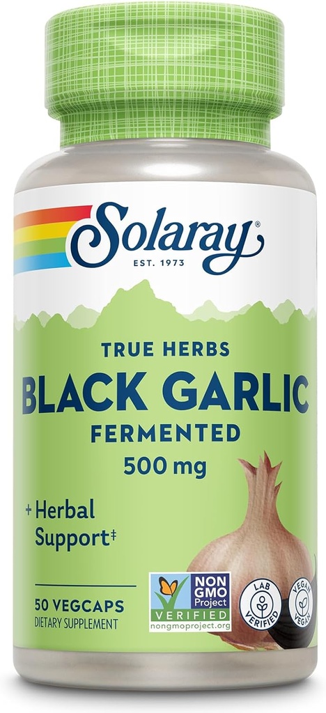 SOLARAY Black Garlic 500 mg - Fermented for Easier Digestion and Mellow Aftertaste - Antioxidant Garlic Supplements - Non-GMO, Vegan, Lab Verified - 60-Day Guarantee - 50 Servings, 50 VegCaps