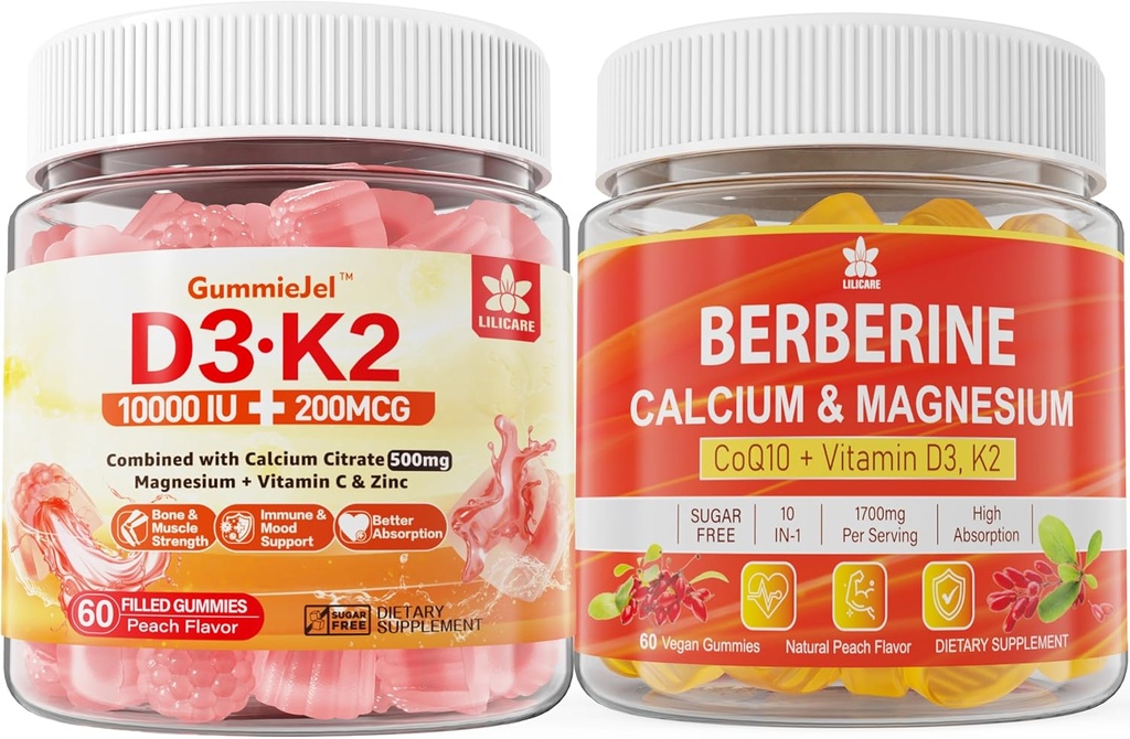 Sugar-Free Vitamin D3 K2 Gummies with Calcium, Magnesium Citrate, Vitamin C + Berberine Supplement Gummies, with Liposomal Berberine & Berberine HCI, Calcium, Magnesium