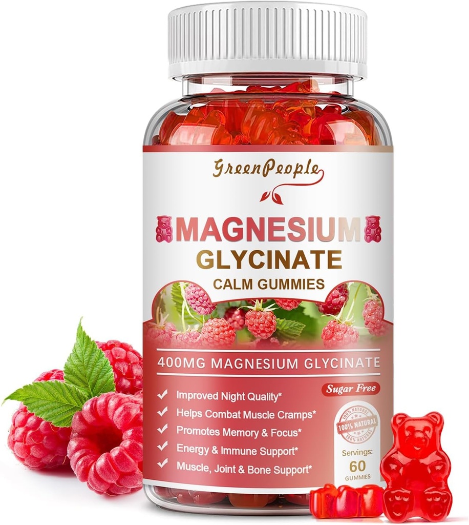 GREENPEOPLE Magnesium Glycinate Gummies 400mg - Sugar Free Magnesium Potassium Supplement with Magnesium Malate, Vitamin D, B6, and CoQ10 for Calm Support & Sleep for Adults - Raspberry Gummies