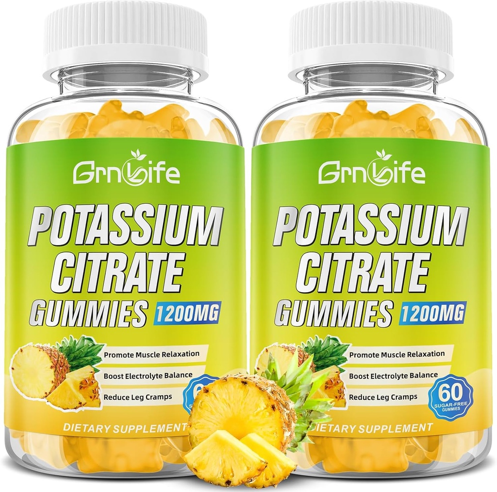 Potassium Citrate Gummies, High Potassium Supplement Gummies 1200mg Support Leg Cramps & Muscle Health, for Adults & Kids, Vegan, Pineapple Flavor 120 Count