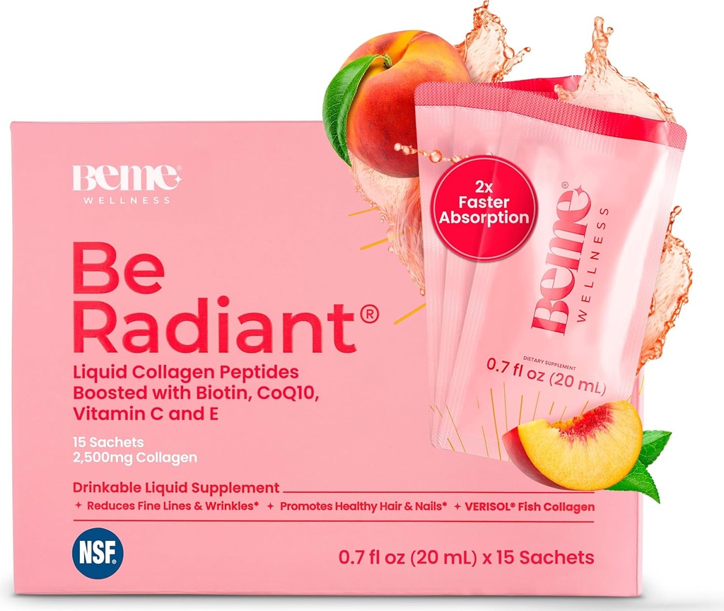 BeMe BeRadiant Liquid Collagen Peptide for Hair, Skin & Nails with 2X Faster Absorption – Clinically Tested – 2500mg Verisol Hydrolyzed Collagen Supplements for Women with Biotin, CoQ10 & Vitamin C