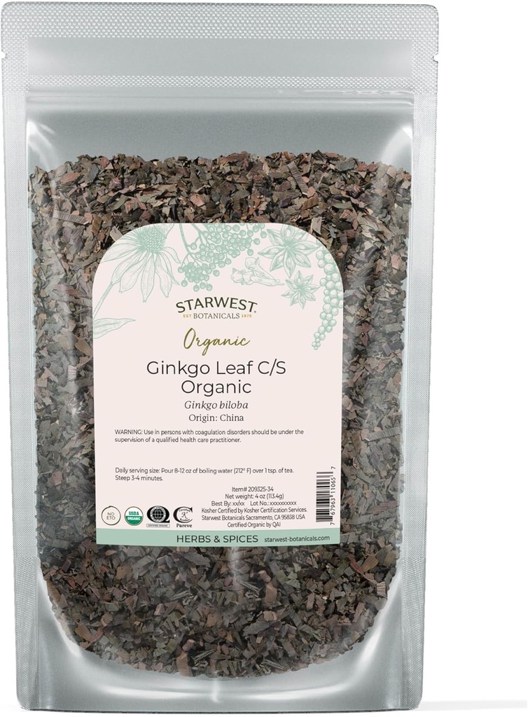 Starwest Botanicals Organic Ginkgo Leaf - Ginkgo Biloba, Dried Loose Leaf Herb for Tea, Capsules, & Herbal Blends, Cut & Sifted, Certified Kosher, Non-GMO - 4 oz Pouch