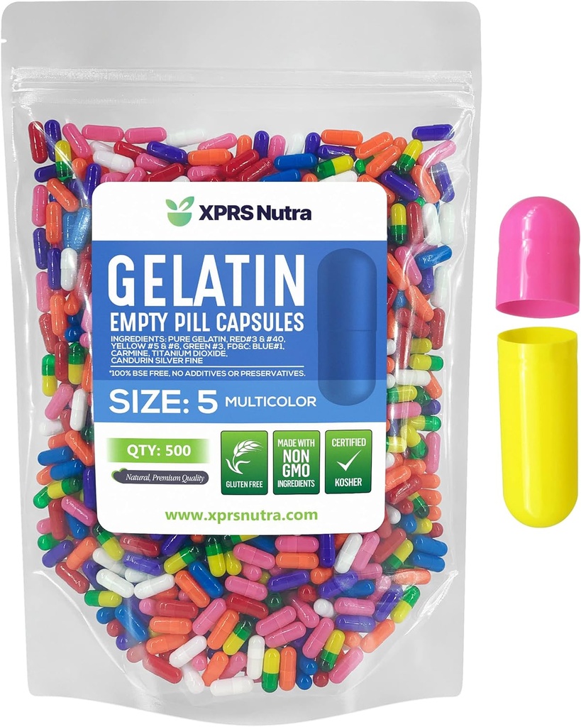 XPRS Nutra Size 5 Empty Capsules - 500 Count Very Small Empty Gelatin Capsules - Pills DIY Capsule Filling - Fillable Pill Gel Caps for Do-It-Yourself Vitamin Supplements (Multi Color)