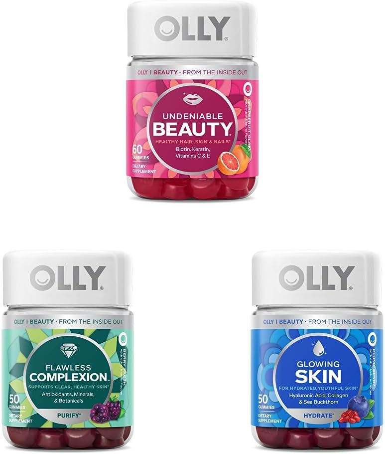 OLLY Undeniable Beauty Gummy, 60 Count & Flawless Complexion Gummy, Clear and Healthy Skin Support - 50 Count (Pack of 1) & Glowing Skin Gummy, 25 Day Supply (50 Count)