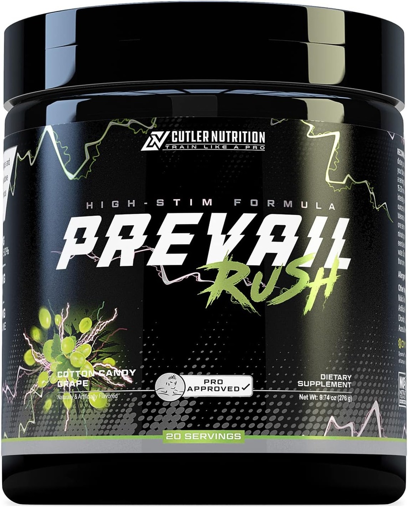Cutler Nutrition High Stim Pre Workout Powder Prevail Rush Preworkout for Men & Women for Intense Pumps Energy and Focus with Caffeine NO3T Betaine and Dynamine | Cotton Candy Grape (20 Servings)