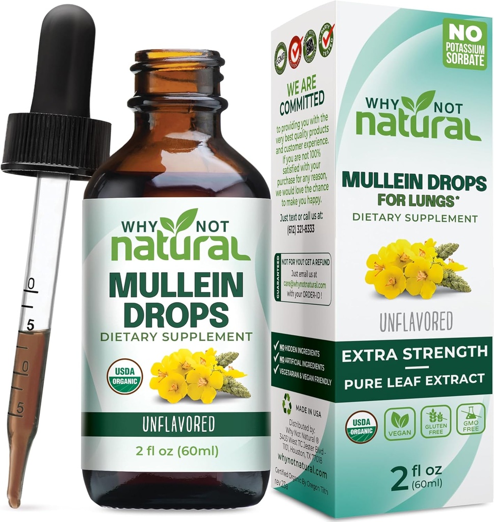 USDA Organic Mullein Drops for Lungs - Leaf Extract Tincture Supplement