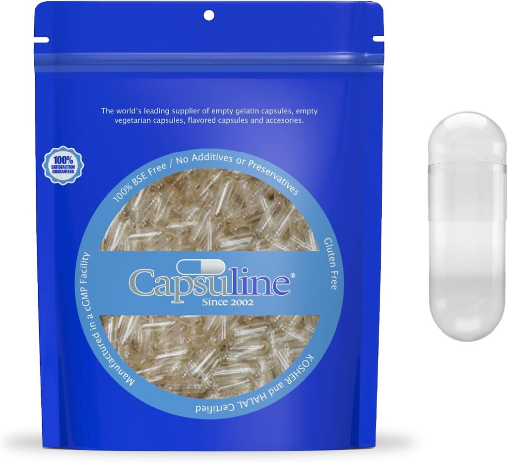Capsuline Size 0 Gelatin Empty Capsules, 5000 Count, Empty Gel Pill Capsules, DIY Pure Bovine Pill Capsule Filling, Empty Caps, Kosher, Gluten Free and Non-GMO Certified, Clear