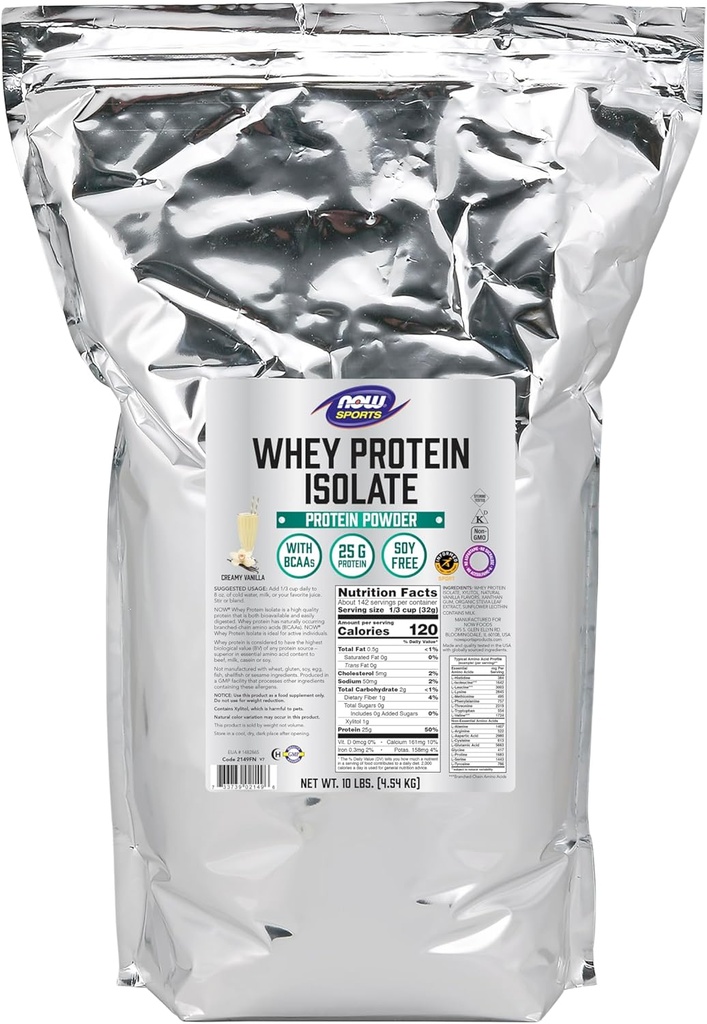 NOW Foods Sports Nutrition, Whey Protein Isolate, 25 g With BCAAs, Creamy Vanilla Powder, 10-Pound