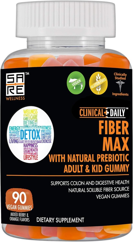 CLINICAL DAILY Fiber Max, Vegan High Fiber Gummies for Adults & Kids. Constipation Relief for Adults and Kids. Prebiotic Inulin Fiber Supplement Gummies. 90 Gluten-Free Laxative Gummies for Gut Repair