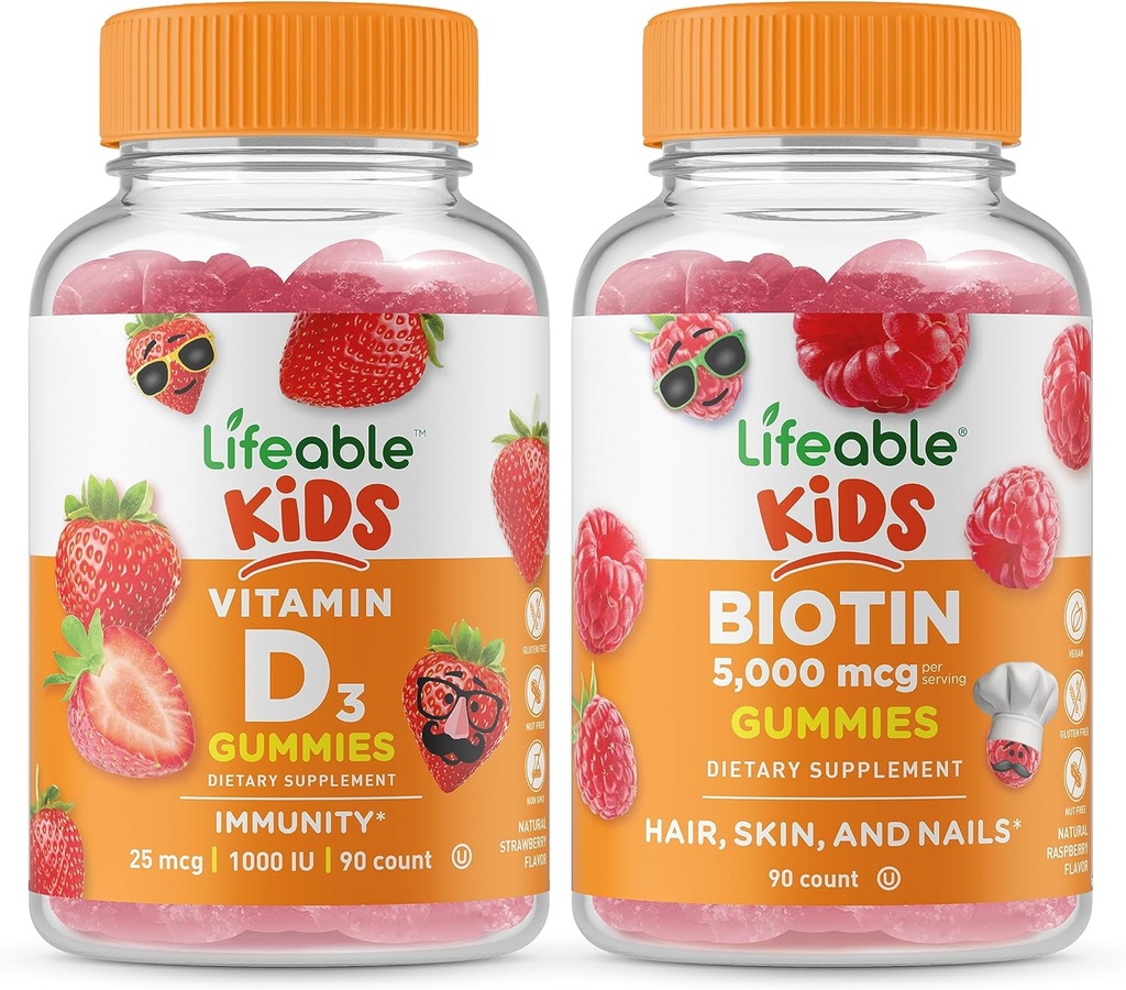 Lifeable Vitamin D Kids + Biotin Kids, Gummies Bundle - Great Tasting, Vitamin Supplement, Gluten Free, GMO Free, Chewable Gummy