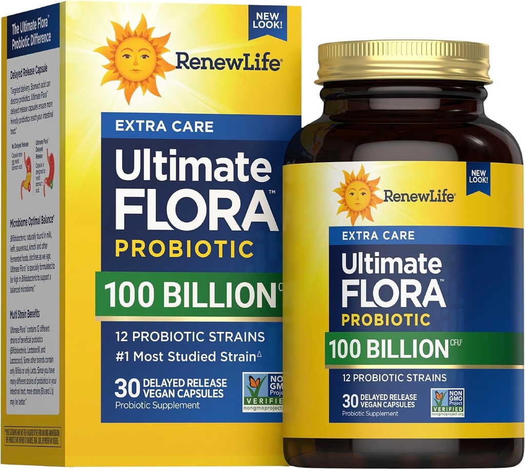 Renew Life Ultimate Care Probiotic Capsules, Daily Supplement Supports Respiratory, Digestive and Immune Health, L. Rhamnosus GG, Dairy, Soy and gluten-free, 100 Billion CFU, 30 Count