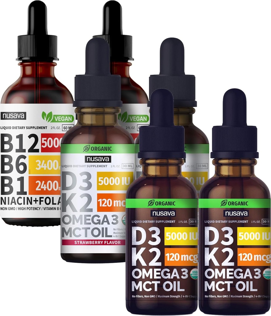 NUSAVA Unflavored D3 K2, Strawberry Flavored D3 K2, & Vitamin B12 Liquid Drops Bundle - Potent Liquid Vitamins for Heart, Joint, Energy, & Immune Support - Non-GMO, Gluten-Free, 2pk Each