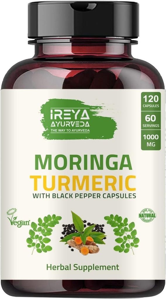 Organic Moringa Oleifera Powder & Turmeric Root Powder with Blackpepper 120 Capsules | Made with Organic Moringa, Turmeric and Black Pepper | Vegan, Gluten-Free and Non-GMO.