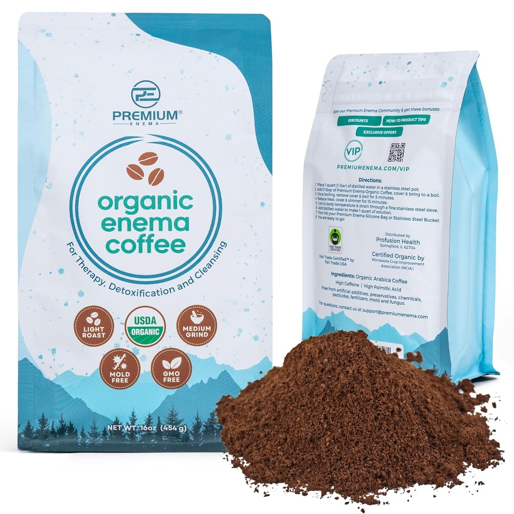 Premium Enema Organic Coffee for Enemas - Light Roast Medium Ground Specialty Grade High Palmitic Acid Caffeine Fair Trade 1Lb