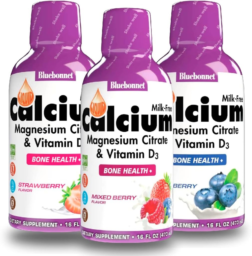 Bluebonnet Nutrition Liquid Calcium Citrate Magnesium Citrate, Vitamin D3 - Bundle of Blueberry, Strawberry and Mix Berry Flavor, 3 Bottle of 16 Fl Oz Each (48 Fl Oz Total)