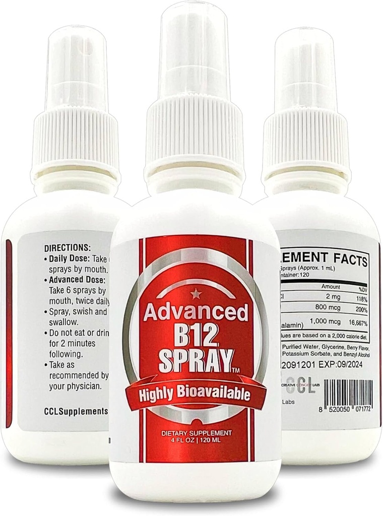 Vitamin B12 Energy Spray, Methylcobalamin with Folic Acid Sublingual Liquid Complex for Focus, & Metabolism, Nano Technology Instant Absorption and Custom Dosage (4 oz - 120 Servings)