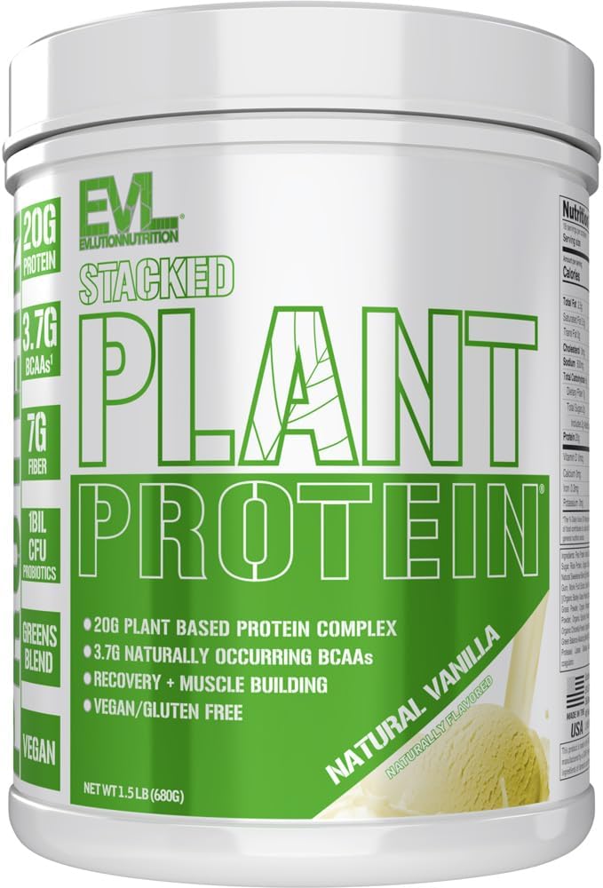 Evlution Nutrition Stacked Plant Protein Powder, Vegan, Non-GMO, Gluten-Free, Probiotics, BCAAs, Fiber, Complete Plant-Based Protein Complex, 1.5 LB (Natural Vanilla)