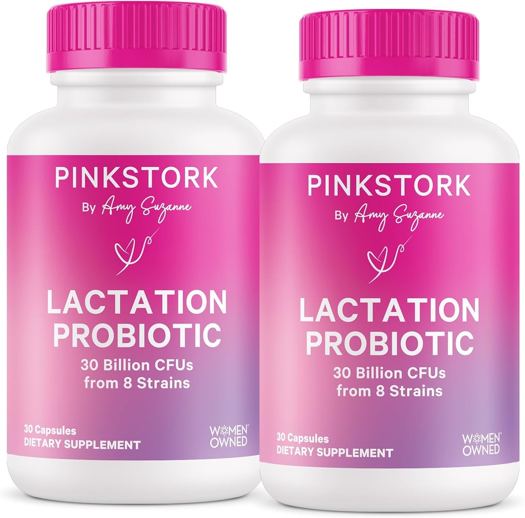 Pink Stork Lactation Probiotic - 30 Billion CFUs Multi Strain Postnatal Probiotics for Breastfeeding Women - Support Breast Milk & Gut Health, Postpartum Essentials, 60 Capsules