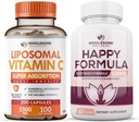 Wholesome Wellness Liposomal Vitamin C Capsules (200 Pills 1500mg Buffered) High Absorption VIT C Happy Formula Natural Formula Relief Supplement Bundle