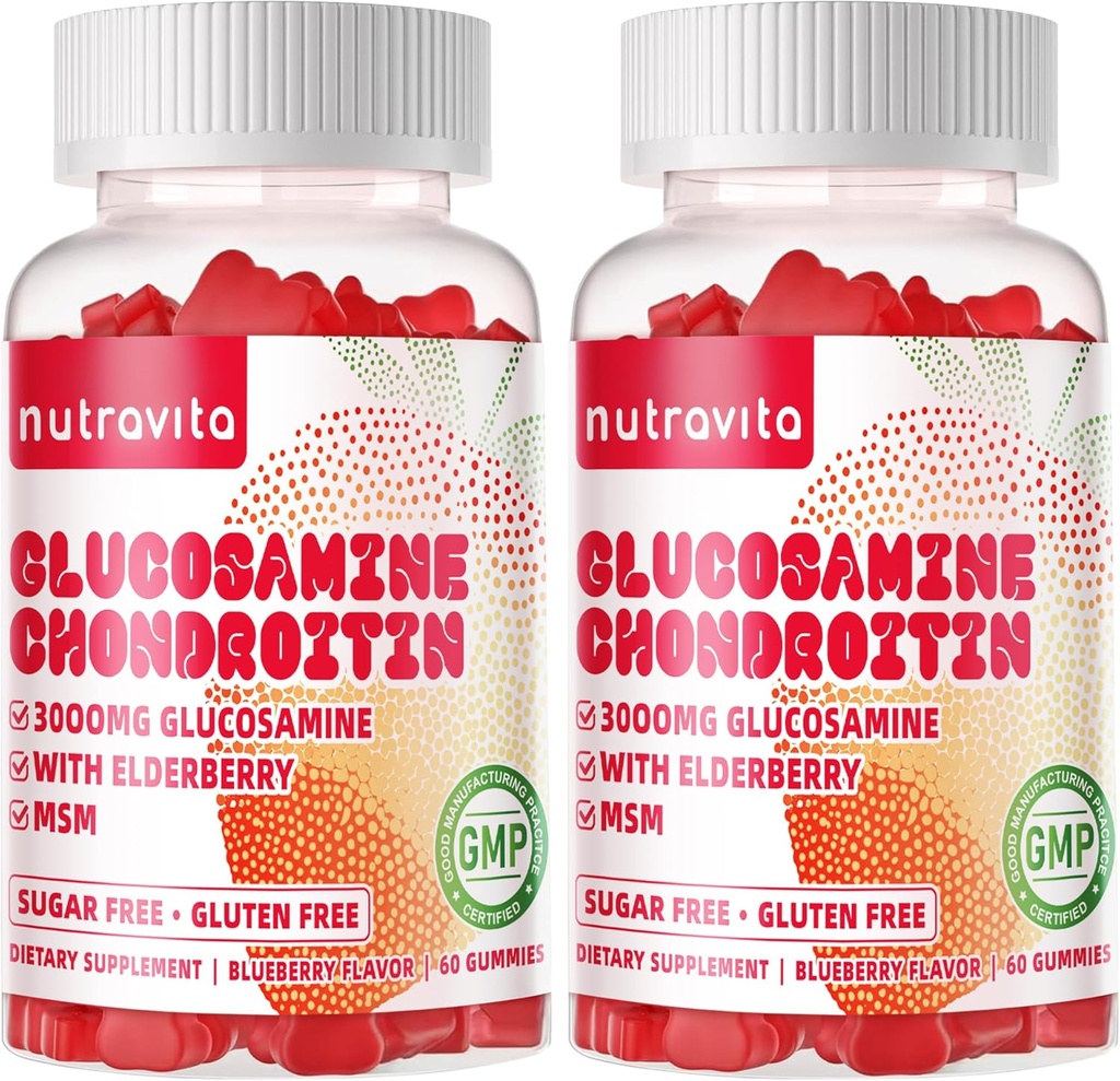 Nutravita Glucosamine Chondroitin Gummies with MSM & Elderberry Extra Strength - Joint Support, Antioxidant Immune Support Supplement for Adults, Men & Women.120 Strawberry Chews