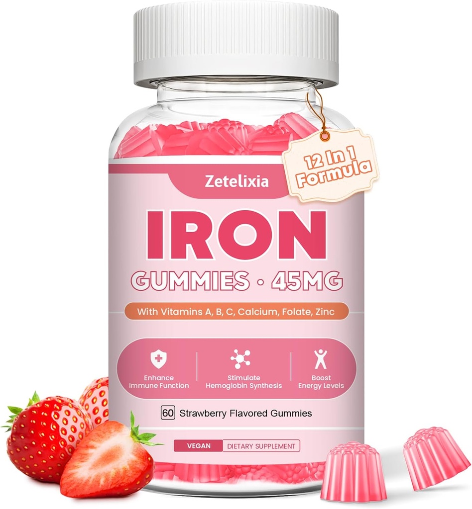 Vegan Iron Supplement Gummies for Women & Men, Anemia, Blood Builder & Energy Support for Iron Deficiency, with Vitamin C, A, B Complex, Folate, CoQ10, Sugar Free, Non-GMO, 60 Count