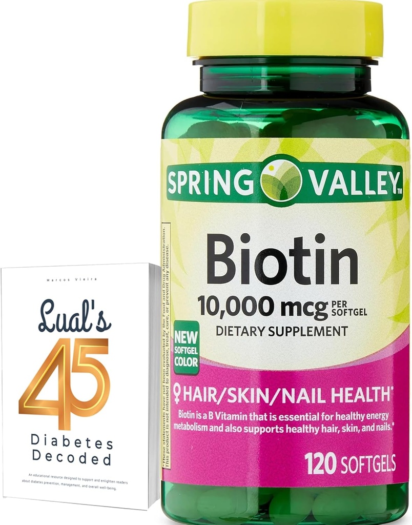 Spring Valley Biotin 10,000 mcg, 120 Count, SoftGels, for Hair, Skin, Nail Health, Bundle with Luall's 45 Diabetes Decoded
