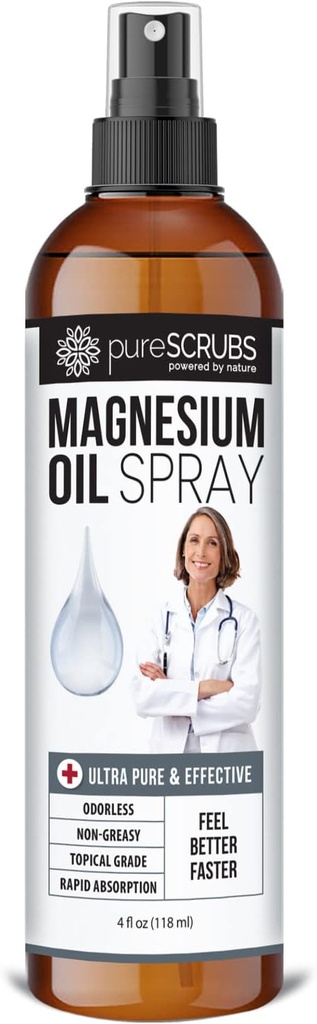 Fast Acting Pure Topical Magnesium Oil Spray for Feet, Skin, Body, Ultra Fast Absorption for Better Health, Pure Zechstein Brine - (4 fl oz - 1pk)