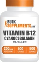 BulkSupplements.com Vitamin B12 Capsules - as Cyanocobalamin, Vitamin B Supplement, Vitamin B12 200 mcg - Energy Vitamins, Gluten Free, 1 Capsule per Serving, 500 Capsules (Pack of 1)